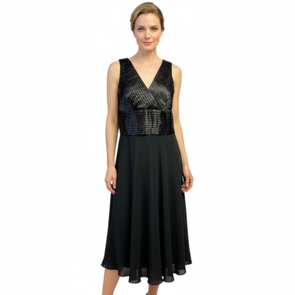 Sandra Darren Pleated Satin Chiffon Dress Women Size 6 Black New Midi V-Neck